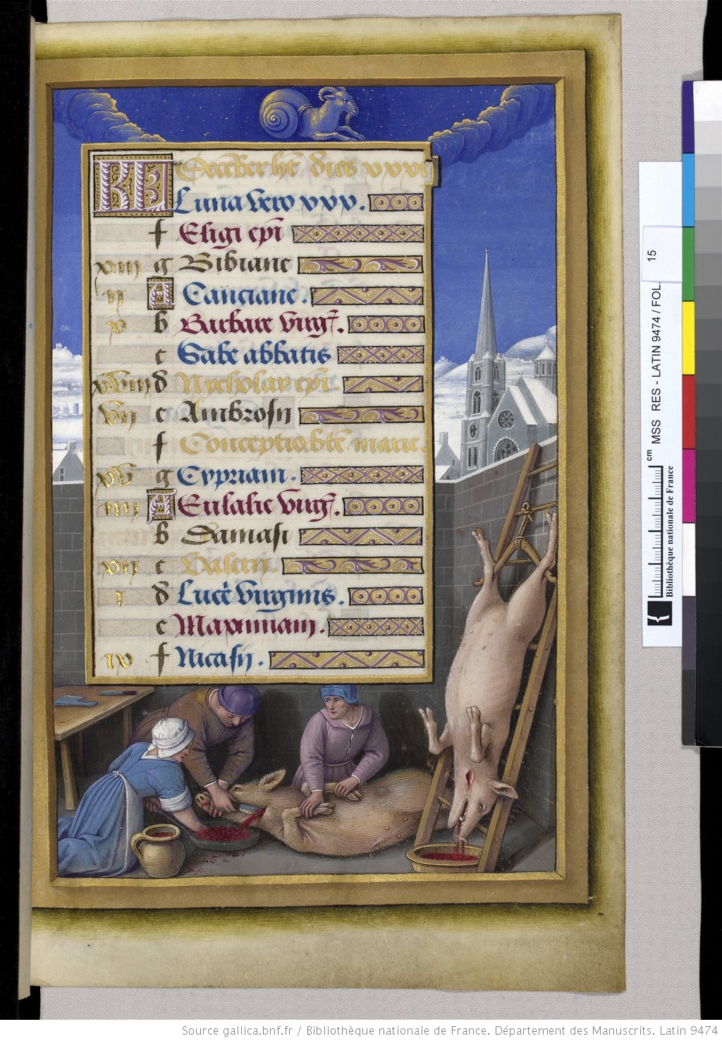 Jean Bourdichon, Dicembre, Parigi, Bibliothèque Nationale, ms. Latin 9474 (libro d’Ore di Anna di Bretagna), c. 15r, 1504-09