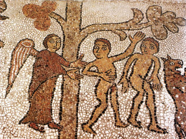 Otranto. Cattedrale, mosaico pavimentale, la cacciata di Adamo ed Eva, particolare