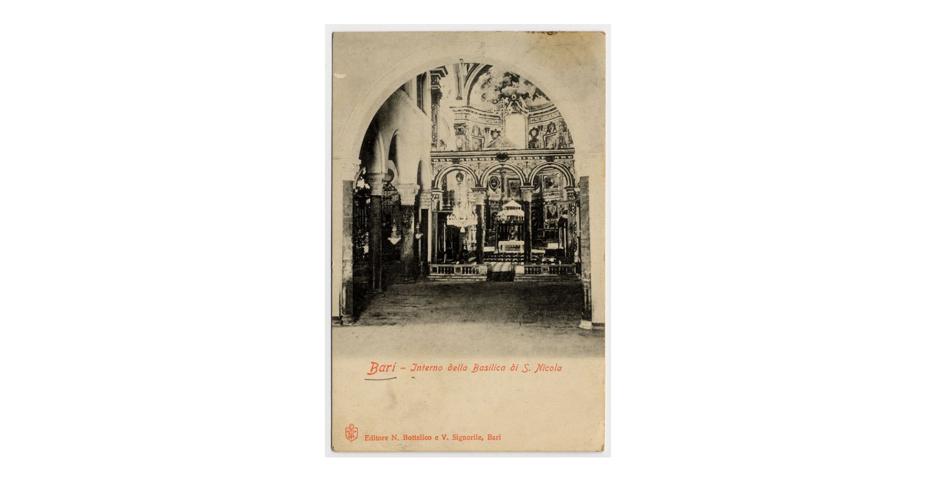 Fotografo non identificato, Bari - Basilica di S. Nicola - Interno, 1910, cartolina, FFC013998