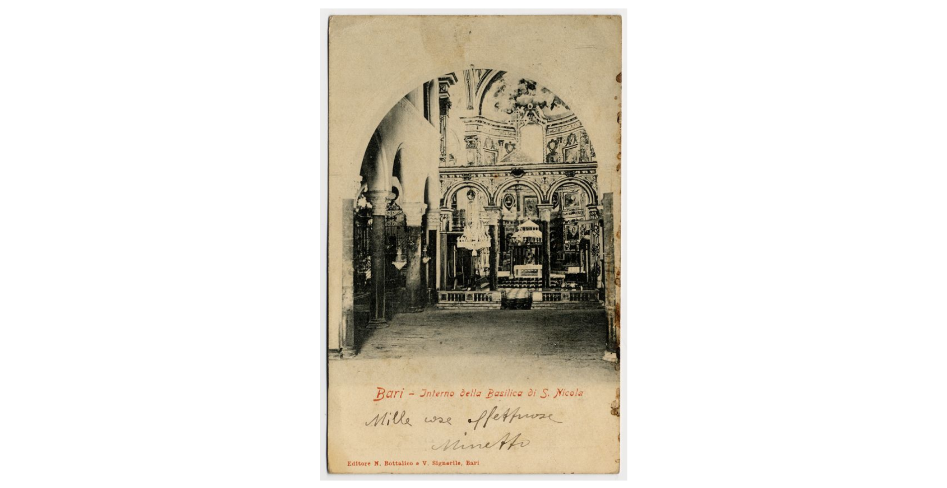 Fotografo non identificato, Bari - Basilica di S. Nicola - Interno, 1905, cartolina, FFC013999