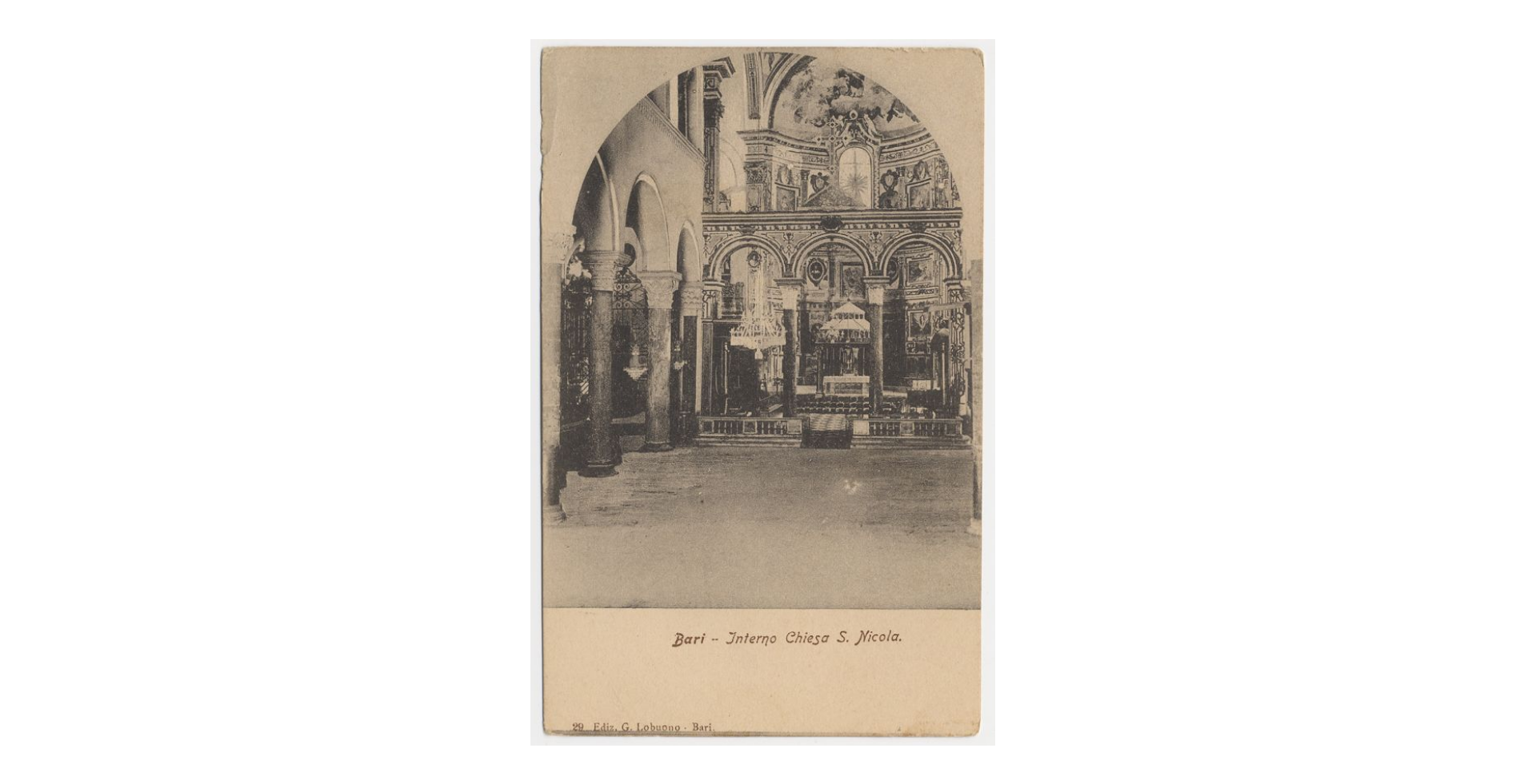 Fotografo non identificato, Bari - Basilica di S. Nicola - Interno, 1909, cartolina, FFC017445