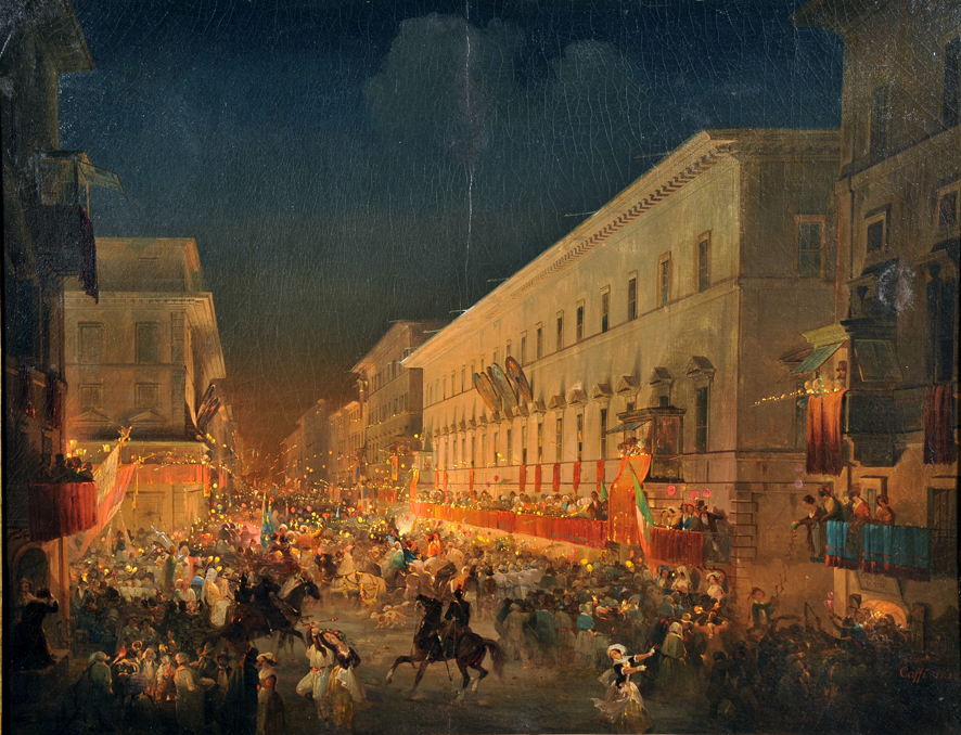 Ippolito Caffi, La Festa dei Moccoletti (Il carnevale a Roma), 1852, olio su tela, 64,5x80 cm, Museo di Roma, 1200489389