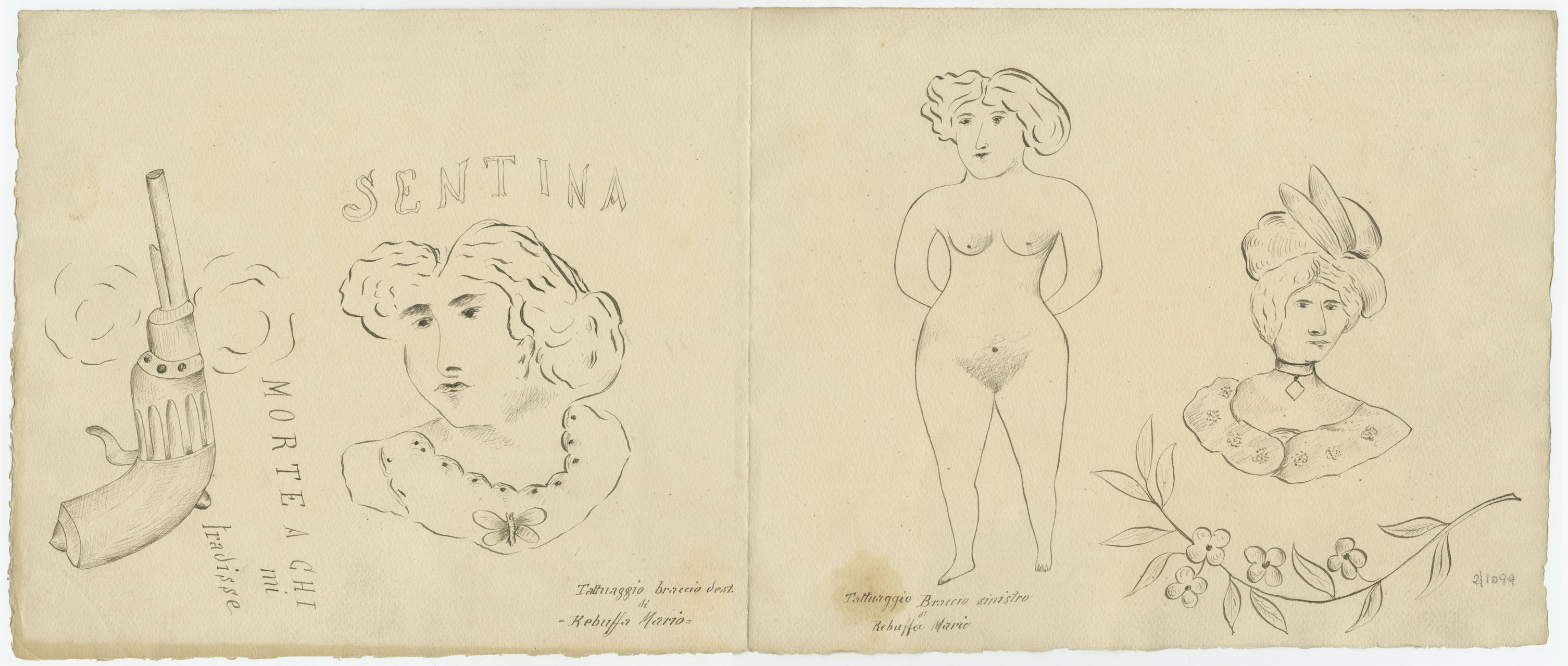 Riproduzione dei tatuaggi presenti sulle braccia di Mario Rebuffa