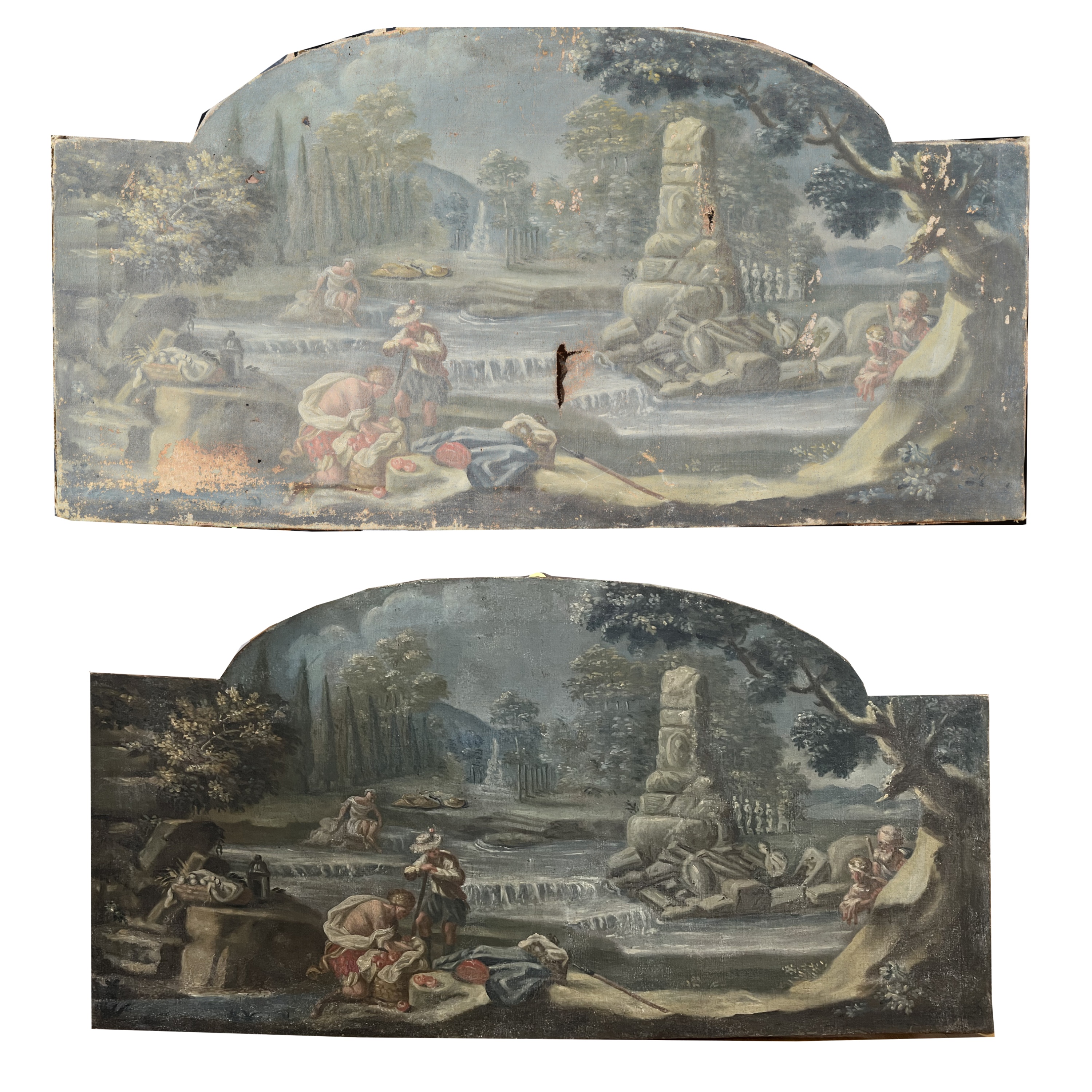 Ambito romagnolo, Paesaggio con statue, rovine e figure, seconda metà del XVIII secolo, cm 59x113.5, Forlì, Istituto Prati, 0800052317 (prima e dopo il restauro)