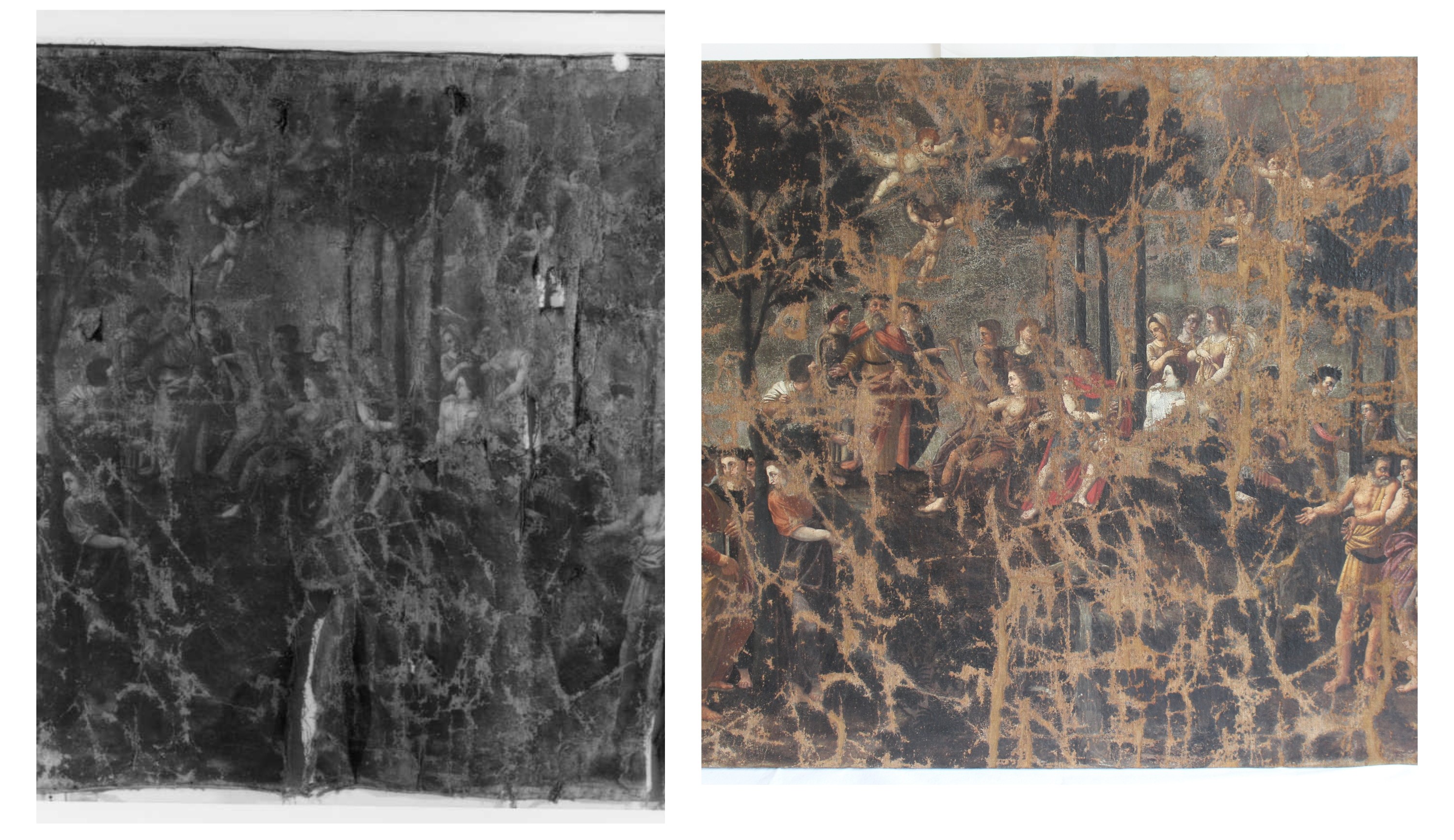 Autore emiliano-romagnolo (ambito di Livio Agresti?), Parnaso, XVI secolo, olio su tela, cm 143x158, Forlì, Istituto Prati, 0800052308 (prima e dopo il restauro)