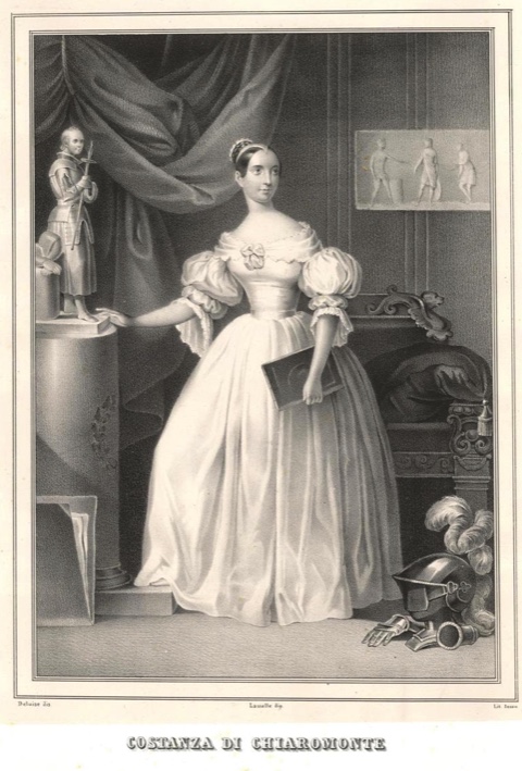 Zezon incisione da De Luise disegno, Costanza di Chiaromonte, ca. 1838–1845, incisione calcografica su acciaio; ritratto di Costanza di Chiaromonte, regina consorte di Napoli (1389–1392), stampa di Sergio Trippini
